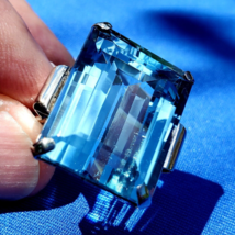 London blue Topaz Deco Engagement Ring Vintage Statement Cocktail 14k White Gold - $3,605.25