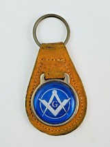 Vintage Freemason G leather keychain keyring metal back Yellow w Blue Face - $10.29