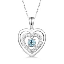 Double Heart Necklace Sterling Silver With Blue Aquamarine Forever Love Pendant - £51.95 GBP