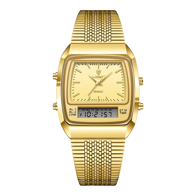 New Fashion Casual Watch Men Digital Dual Time Week Gold Sport 3bar Wate... - $24.08