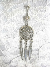 Round Star Flower Dream Catcher 3 Dangling Feathers Dbl Clear Belly Button Ring - £4.79 GBP