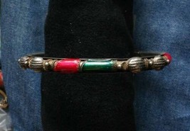 Ancient Style Red &amp; Green Enamel Silver-tone Bangla Bracelet 1980s Vintage - £10.37 GBP