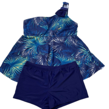 Casoda One Shoulder Tankini Boy Short Swimsuit Size Medium Blue Sunburst - $19.79