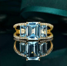 2.80Ct Emerald Cut CZ Aquamarine Engagement Ring 14K Yellow Gold Plated - £95.91 GBP