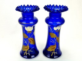 Set of 2 Cobalt Blue Ruffled Bouquet Vases, Hand Blown, Floral Art, Gold Trim - £39.24 GBP