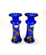 Set of 2 Cobalt Blue Ruffled Bouquet Vases, Hand Blown, Floral Art, Gold... - $67.08 CAD