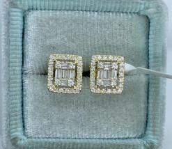 1.20Ct Baguette Cut Real Moissanite Cluster Stud Earrings 14K Yellow Gold Plated - £153.04 GBP