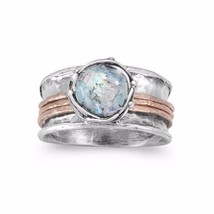 14K Rose Gold Plated Round Roman Glass Spin Ring Oxidized Sterling Silver Band - £275.35 GBP