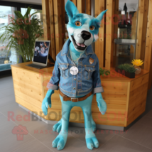 Turquoise Dog mascot costume character dressed with a Denim Shirt and Bracelets - $1,229.00