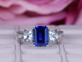 3Ct Emerald CZ Sapphire Three-Stone Engagement Ring 14K White Gold Finish - £90.19 GBP