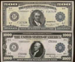 Reproduction Copy Pair 1918 $500 &amp; $1000 Federal Reserve Notes Currency USA - £5.57 GBP