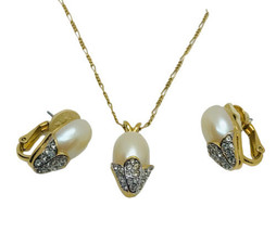 Vintage D&#39;Orlan Faux Pearl Rhinestones Gold Tone Earrings &amp; Necklace Set... - $50.00