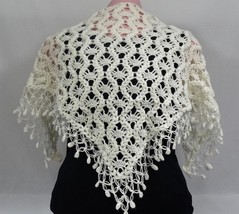 Handmade shawl. Openwork, white crochet shawl with knitted brooches. WT-3 - $60.00
