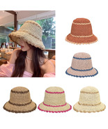 Women's Hand Crochet Clothe Straw Bucket Sun Hat with Scallop Edge - £15.62 GBP