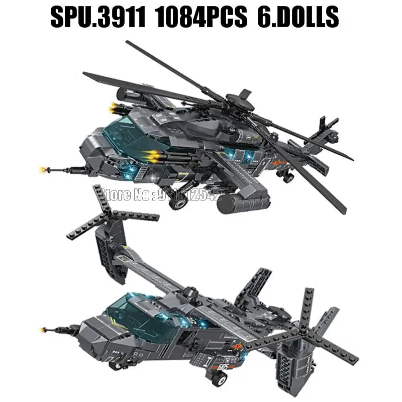 Fc6105 1084pcs 2in1 Military Attack Helicopter Osprey Aircraft 6 Dolls Army - £47.94 GBP+