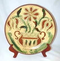 1976 Redware Glazed Sgraffito Decorated Tulips Design 10&quot; Pie Plate L Breininger - £140.02 GBP
