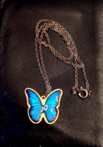 Reversible Butterfly 1&quot; Pendant NECKLACE 18&quot; Silver tone Chain Blue/Pink... - £11.61 GBP