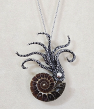 Ammonite Fossil Squid/ Octopus/ Kraken Pendant Brooch 20&quot; 316L Stainless Chain - $21.95