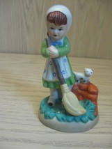 Ceramic Figurine Little Girl With Broom Sweeping Kitten Watching 1980 - £6.25 GBP