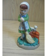 Ceramic Figurine Little Girl With Broom Sweeping Kitten Watching 1980 - £6.34 GBP