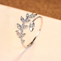 Open Ring 925 Silver ive Branch Leaf Female Ring Live Silver Zircon Ring US9 - £14.23 GBP