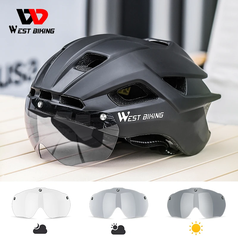 WEST BIKING Cycling Helmet With LED Light Goggles Photochromic Lens Bicycle - £35.07 GBP+