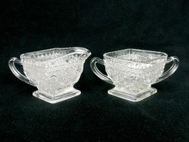 Indiana Glass Sugar &amp; Creamer Set, Diamond Shape, Footed, Cut Crystal, Floral - £15.09 GBP