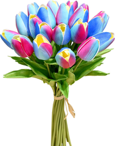 Rainbow Blue Flowers Artificial Tulip Silk Fake Flowers 20Pcs 13.5&quot; for Mother&#39;S - £28.90 GBP