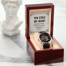 My Man You Stole My Heart Men&#39;s Openwork Watch With Message Card in Maho... - $142.45