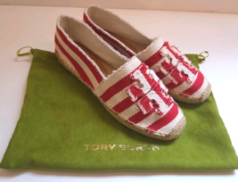 TORY BURCH Fray Stripe Espadrille Flats Double T Multi Red/Off White Sz ... - €110,80 EUR