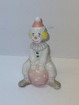 Retro Clown Figure Porcelain Small Sitting Blonde Pink Ball Polka Dot Nursery 4” - £12.05 GBP