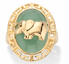 Oval Green Jade Dome Elephant Gp Ring 14K Gold Sterling Silver 6 7 8 9 10 - £160.35 GBP