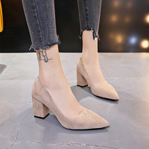 Women pumps flock sweet thick high heels female sexy office pointed toe dress work pump thumb200