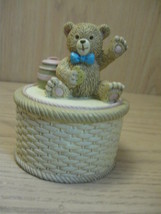 Figurine Teddy Bear Trinket Box Wicker Design Box Ivory &amp; Beige Blue Bow Tie - £6.35 GBP