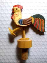 Mechanical Kicking Foot Rooster Hen Bottle Stopper Carved Wooden Bar Cor... - $37.05
