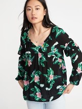 New Old Navy Black Tropical Bird Print Long Sleeve V-neck Peasant Blouse Top M - £15.97 GBP