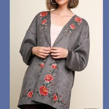 New UMGEE S gray embroidered roses open style sueded texture open tunic ... - $25.74