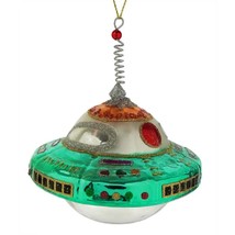 FLYING SAUCER GLASS ORNAMENT 4.5&quot; UFO Retro Sci Fi Spaceship Christmas Tree - £15.91 GBP