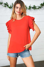 Red Smocked Ruffle Frill Sleeve Top - £14.18 GBP