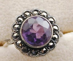 Antique Sterling Amethyst &amp; Marcasite Cluster Ring 5.25 - £23.97 GBP