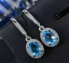 5Ct Oval Cut Blue Topaz &amp; Diamond Drop &amp; Dangle Earrings 14K White Gold Finish - £101.40 GBP