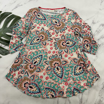 Chicos Womens Tunic Top Size 1 M Pink Green Paisley Floral 3/4 Sleeve Je... - $23.75