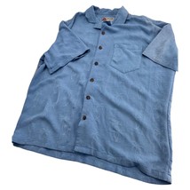 Hilo Hattie Men Hawaiian Shirt Blue Textured Palm Tree Rayon Polyester Large L - £23.68 GBP