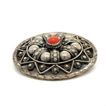 Vtg Sterling Sign 800 Victorian Etruscan Coral Stone Filigree Circle Pin Brooch - £50.61 GBP