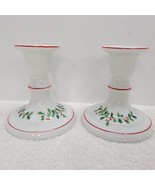 Set of 2 White Porcelain Holly and Berries Christmas Candlestick Holders - $19.30