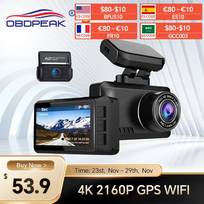 Obdpeak M63 Dash Cam Dual Lens Ultra Hd Real 4K Car Dvr Camera Wifi Gps Rear - £97.03 GBP+