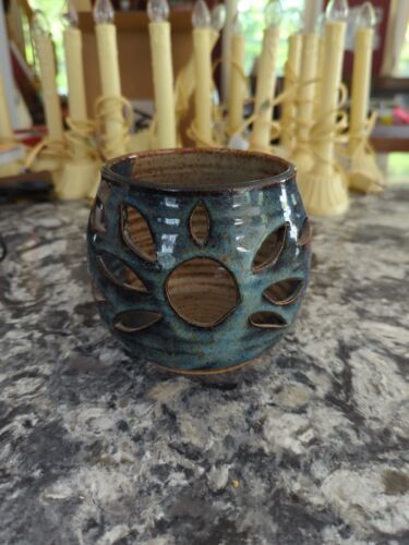 4.5&quot; tall hand thrown clay pottery candle holder blue / taupe glaze - $15.84