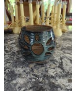 4.5&quot; tall hand thrown clay pottery candle holder blue / taupe glaze - $297.92 MXN