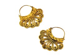 Gold Brass Tribal Earrings, Gypsy Ethnic Ear Hoops, Ornate Indian Earrings - £15.14 GBP