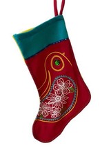 Fleece Decorated Large Christmas Stocking Red Blue Green White Stitching - $8.14